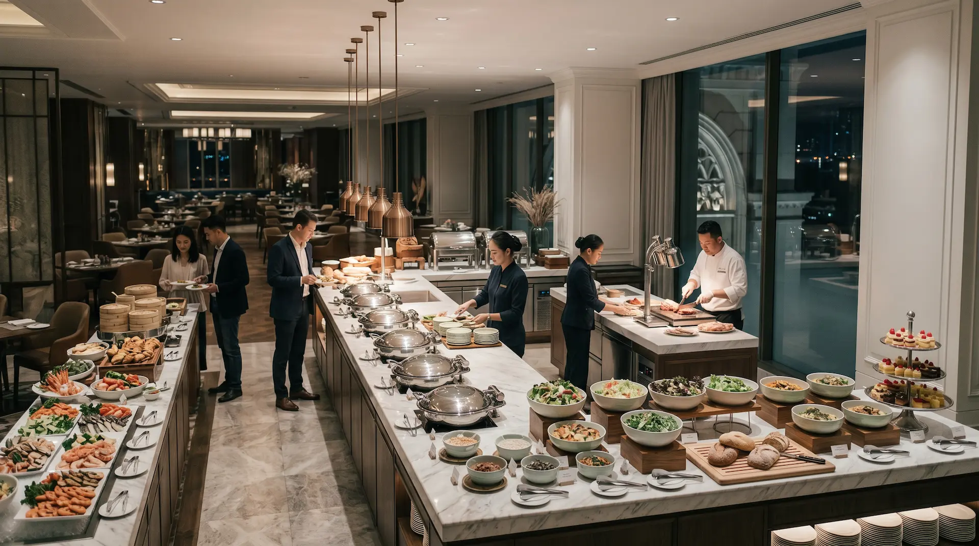 Upscale hotel buffet in full service across multiple stations